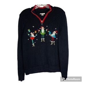 Christopher & Banks Red Black Santa Elf Embroidered Christmas Sweater 1/4 Zip L